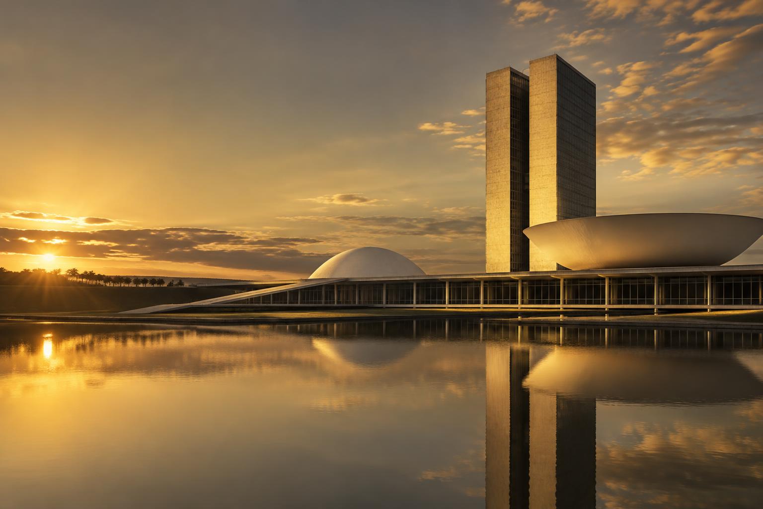 Congresso Nacional em Brasília à luz dourada do entardecer